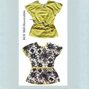 ❤️ Koi 360 Reversible Scrub Top Yellow/Black and White Floral Print Sz XS
